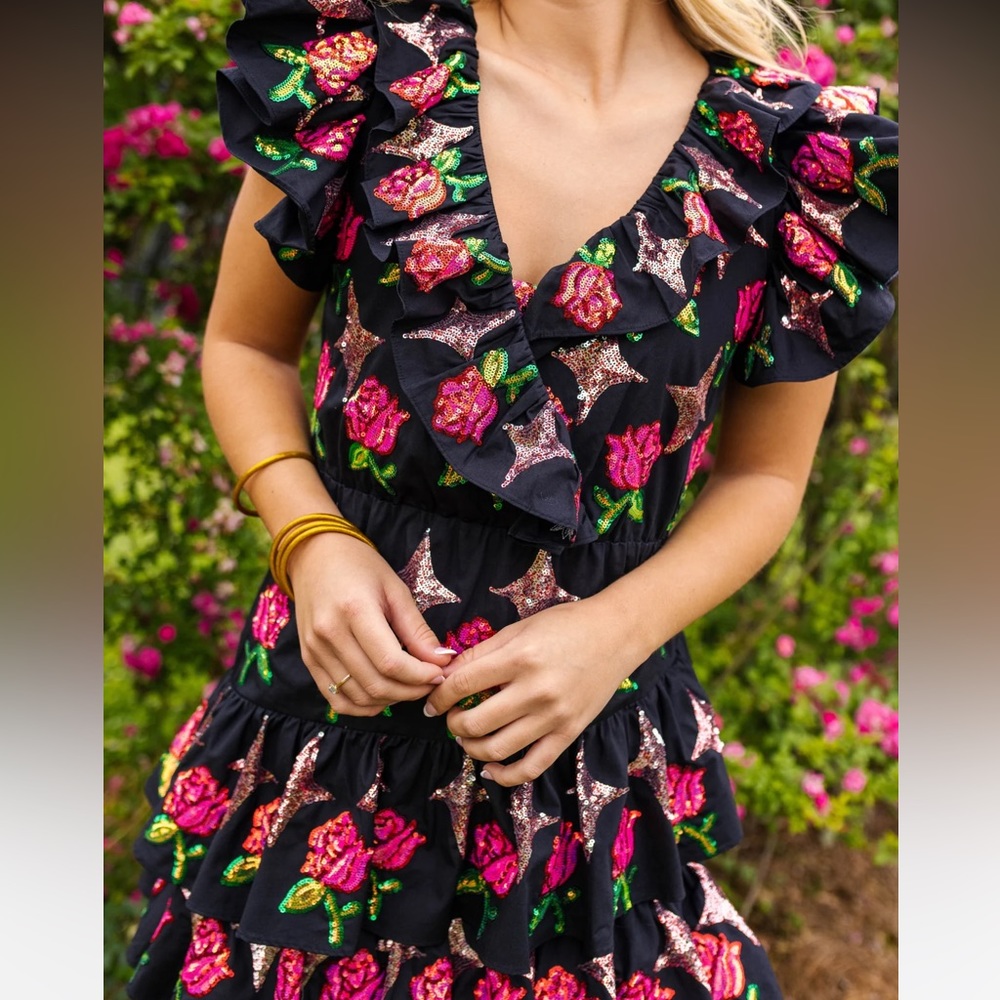QUEEN OF SPARKLES rose & sparkle ruffle dress
